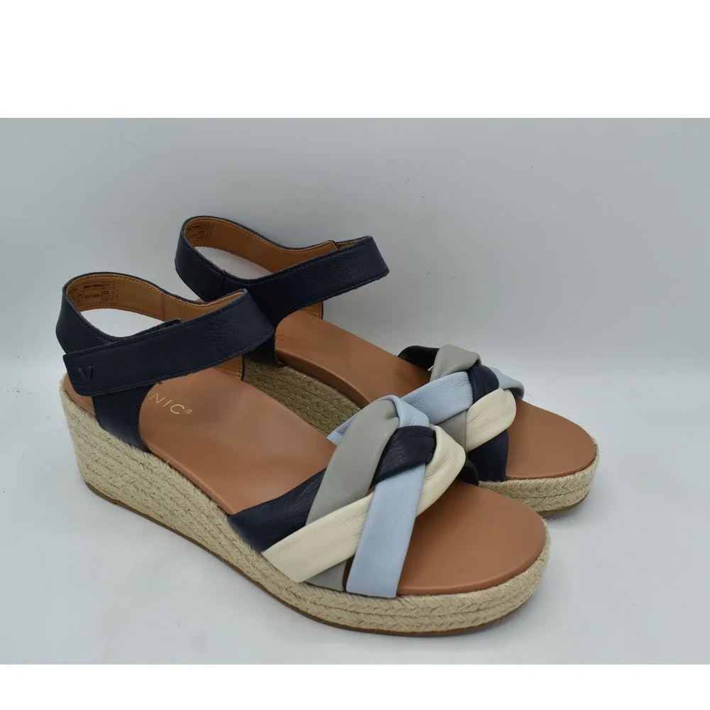 Vionic Women Size 11 Saratoga Navy Multi Leather Wedge Espadrille Sandals Shoes